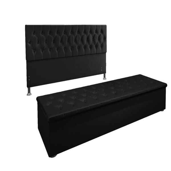 Kit Cabeceira E Calçadeira Cama Box 160 Cm Madri Suede Preto