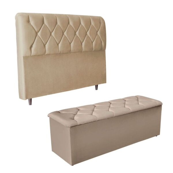 Kit Cabeceira E Calçadeira Cama Casal 140 Cm Yasmin Linho Beg