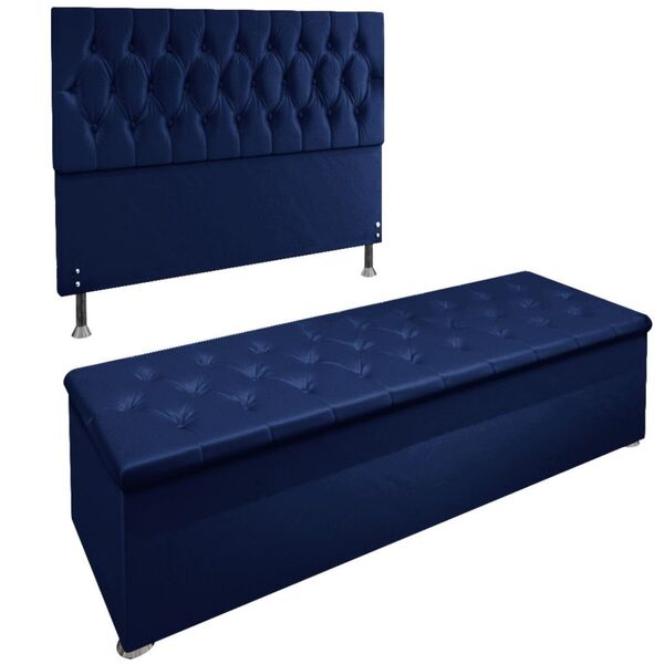 Kit Cabeceira E Calçadeira Cama Casal 140cm Madri Suede Azul