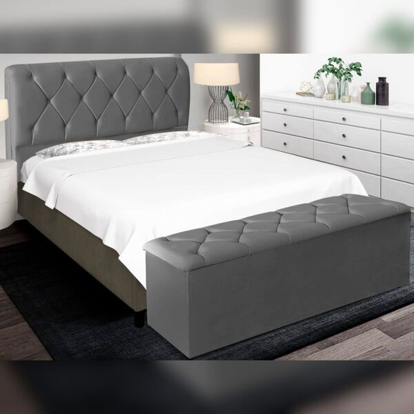 Kit Cabeceira E Calçadeira Cama King 195 Cm Elisa Linho Cinza