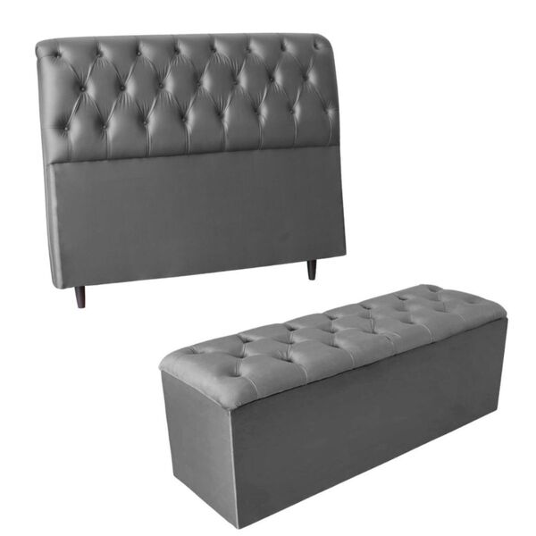 Kit Cabeceira E Calçadeira Cama King 195 Cm Raquel Linho Cinz