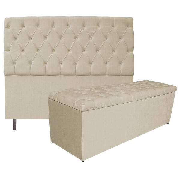 Kit Cabeceira E Calçadeira Liverpool 140 Cm Casal Linho Bege