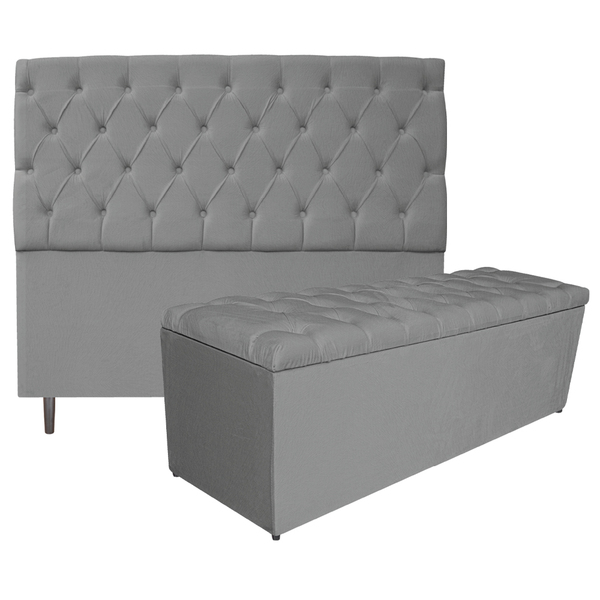 Kit Cabeceira E Calçadeira Liverpool 140 Cm Casal Suede Cinza