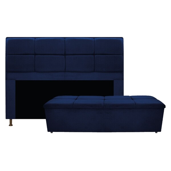 Kit Cabeceira E Calçadeira Munique 140 Cm Casal Suede Azul Ma