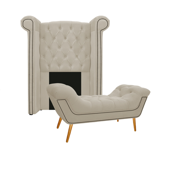 Kit Cabeceira E Calçadeira Veneza 100 Cm Solteiro Suede Bege