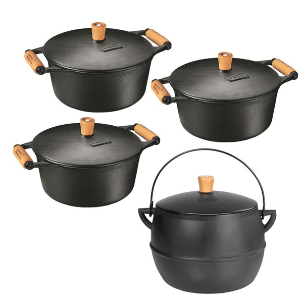 Kit Caçarolas A/m 17 19 23cm E Caldeirão Bojudo Ferro 4l