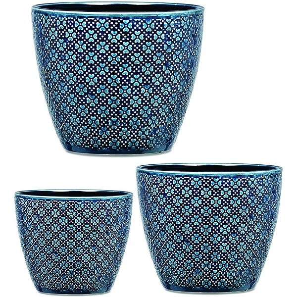 Kit Cachepot Azul Em Ceramica 3 Peças Mart 08176