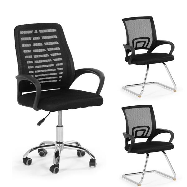 Kit Cadeiras De Escritório 1 Base Giratória + 2 Base Fixa - P