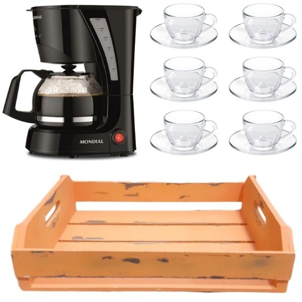 Kit Cafeteira Mondial 110v 6 Xícaras E Bandeja Mdf Laranja