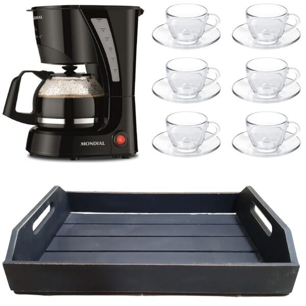 Kit Cafeteira Mondial 110v 6 Xícaras E Bandeja Mdf Preto