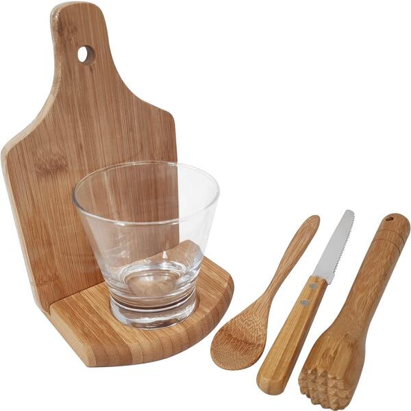 Kit Caipirinha Copo De Caipirinha Pilão Faca Tabua De Bambu