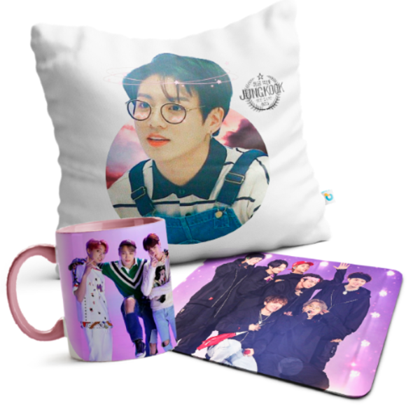 Kit Caneca Almofada Mousepad Bts Jungkook Interior E Alça Rosa