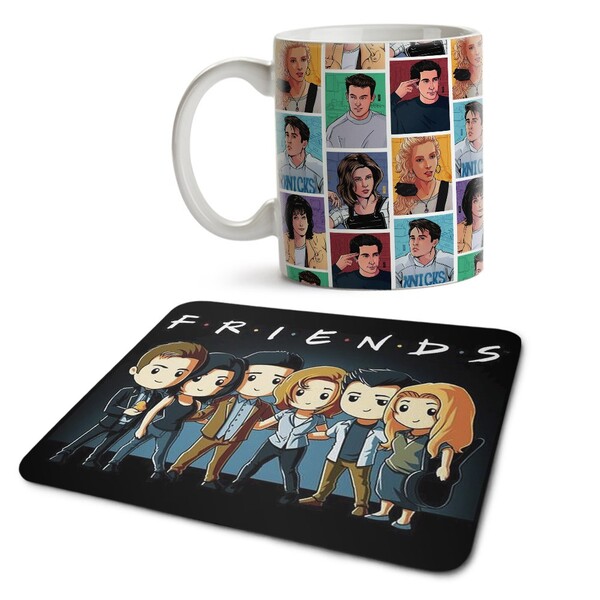 Kit Caneca E Mousepad Friends Desenho - Interior E Alça Branca