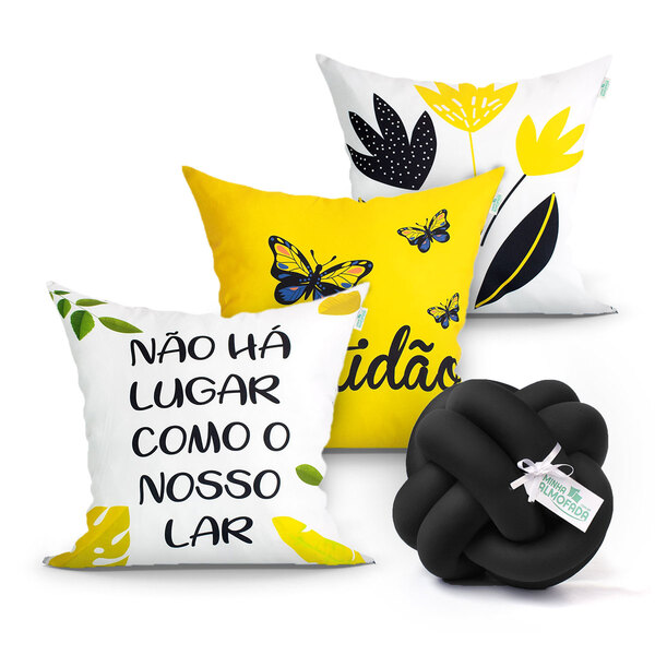 Kit Capa Almofada Amarela Estampada 3 Unidades Gratidão + Alm