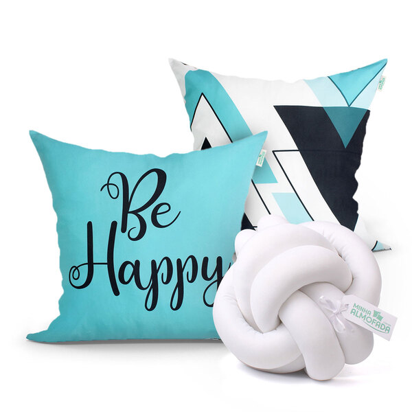 Kit Capa Almofada Decorativa Be Happy Estampada 2 Unidades 45