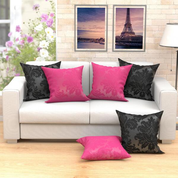 Kit Capa Almofada Grande Preta E Rosa Jacquard Medalhão Jacqu