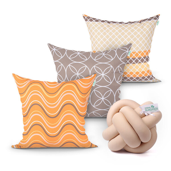 Kit Capa Almofada Para Quarto Bege E Laranja Estampada Kit 3