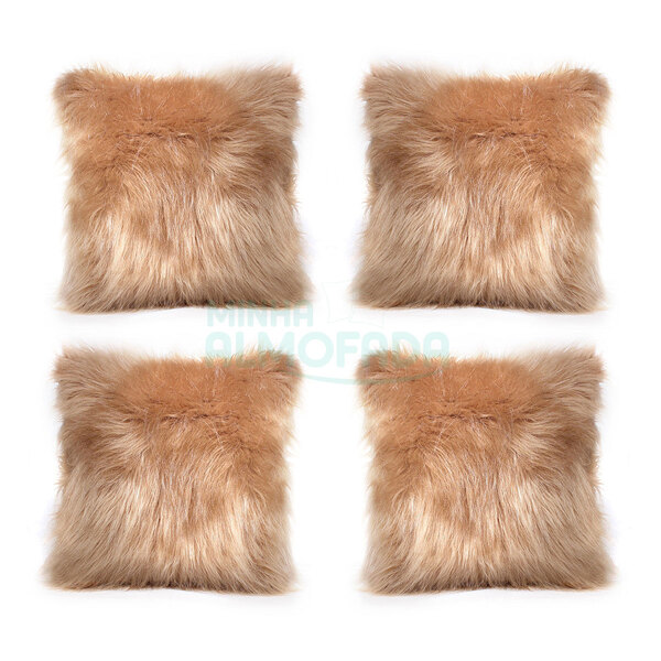 Kit Capa Almofada Pêlo Longo Alto Pelúcia Bege 4 Unidades 45c