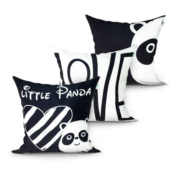 Kit Capa Almofada Preta Panda 3 Unidades 45cm X 45cm Com Zípe