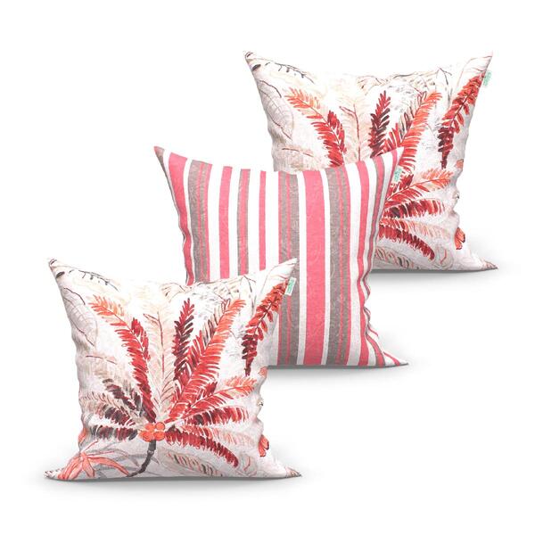 Kit Capa Almofada Vermelha Floral E Listrada 3 Unidades 45cm