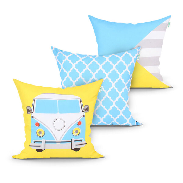 Kit Capa De Almofada Azul Estampada Kombi Kit Com 3 Unidades