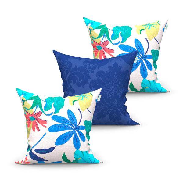 Kit Capa De Almofada Floral Azul 3 Unidades 45cm X 45cm Tecid