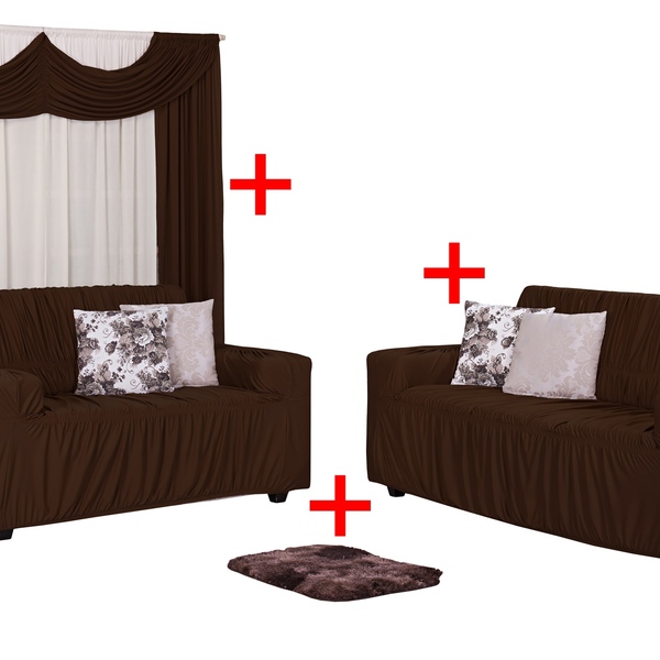 Kit Capa De Sofá Yan 2e3 Lugar +cortina +4 Almofadas +tapete