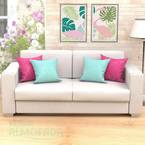 Kit Capas De Almofadas Decorativas Azul Rosa Medalhão Composê