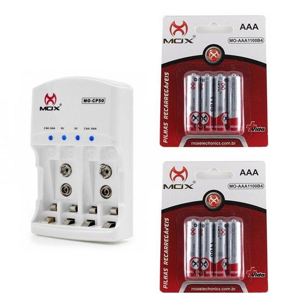 Kit Carregador Rápido Bivolt + 8 Pilhas Recarregável Mox Aaa