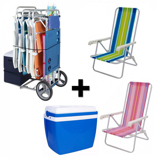 Kit Carrinho De Praia Com Avanço + 2 Cadeiras 4 Posições Em A