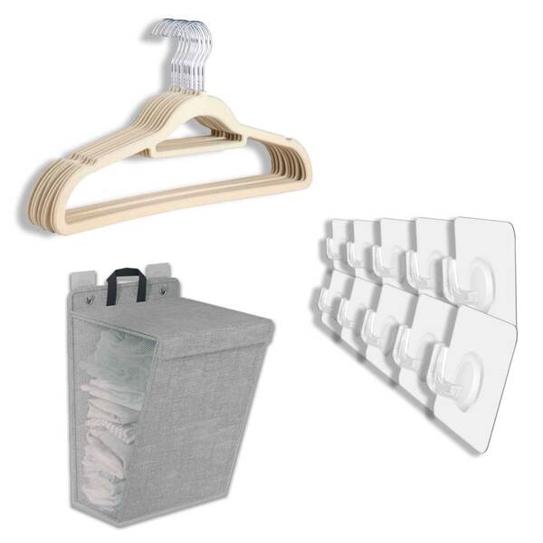 Kit Cesto De Roupa + 10 Cabides Veludo + 10 Ganchos Adesivo