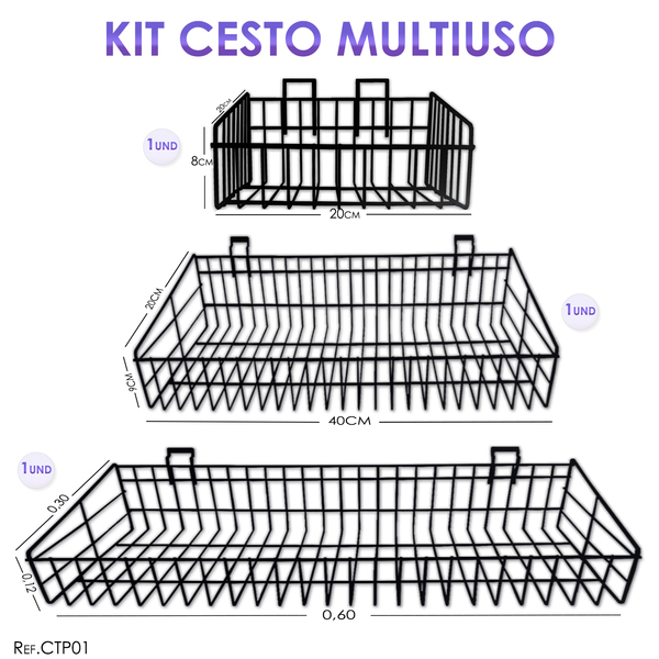 Kit Cesto Para Painel Canaletado Preto 3 Unidades P / M / G