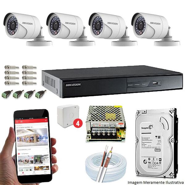 Kit CFTV 4 Câmeras Hikvision DVR 4 canais DS-7204 HD 1TB