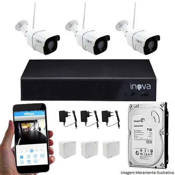 Kit CFTV Wifi 03 Câmeras Inova IP 1.3MP 01 DVR Inova 04 Canai