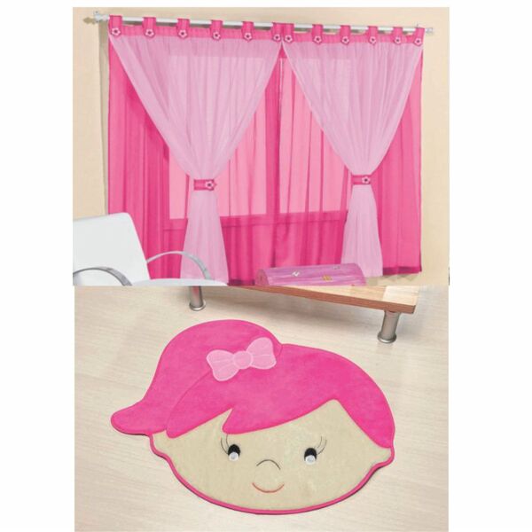 Kit Charmoso Decoração = Cortina Juvenil 3 Metros + Tapete Li