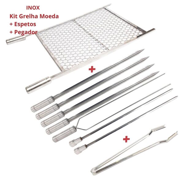 Kit Churrasco 100% Inox, Grelha 70x50 Com 7 Espetos, Pegador