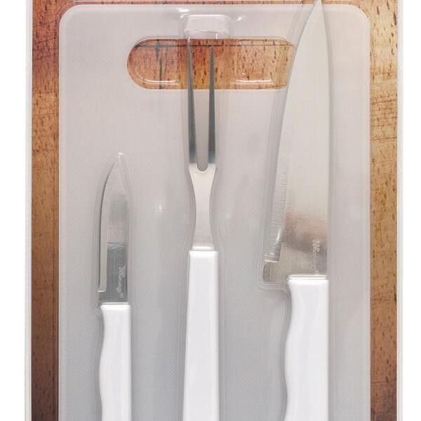 Kit Churrasco 4 Peças Com Tábua Polipropileno/inox Gourmet