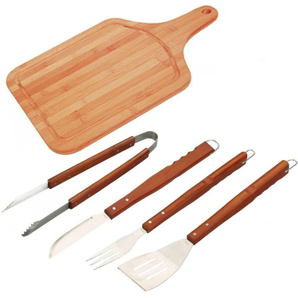 Kit Churrasco 5 Peças Tábua em Bambu com Garfo Faca Espátula