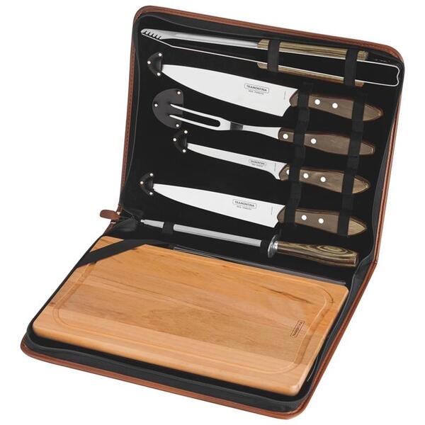 Kit Churrasco 8 Pcs Polywood Castanho Sortidos Com Laminas De