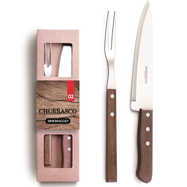 Kit Churrasco Cabo Madeira - Faca Grande E Garfo Trinchante