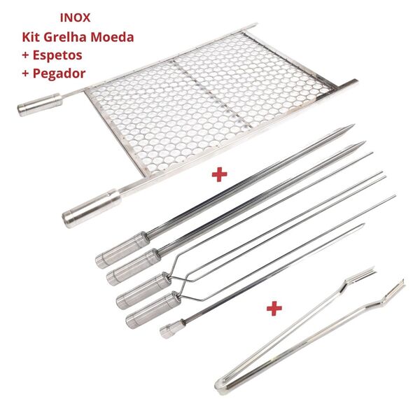 Kit Churrasco Completo, Grelha 70x60 Com 5 Espetos, Pegador