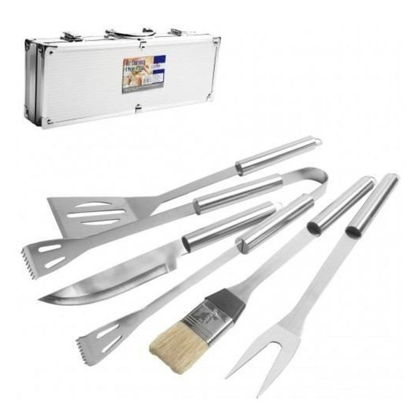 Kit Churrasco Jogo Com 5 Peças Inox Maleta Em Aluminio Churra