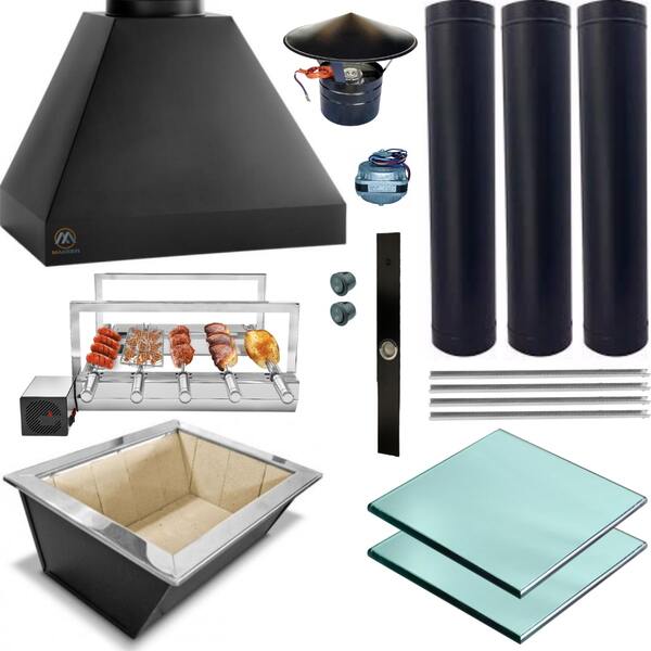 Kit Churrasqueira  Completa Preta 3 Dutos Grill Giratório 053