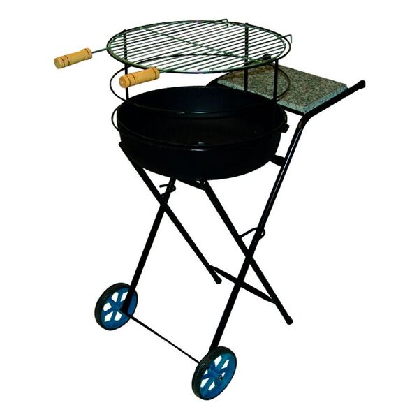 Kit Churrasqueira Redonda Dobrável Rodas Pedra E Grelha