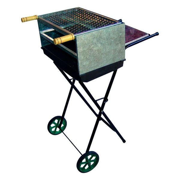 Kit Churrasqueira Retangular Dobrável Rodas Pedra E Grelha Mi