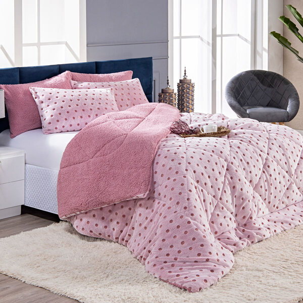 Kit Coberdrom Nevada Estampado Poá Rosê Queen 03 Peças - Dupl