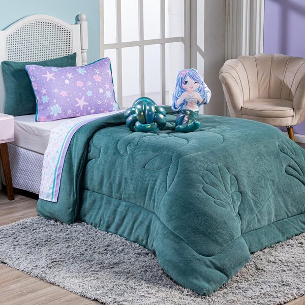 Kit Coberdrom Sereia Verde C/ Almofadas Solteiro 04 Peças - D