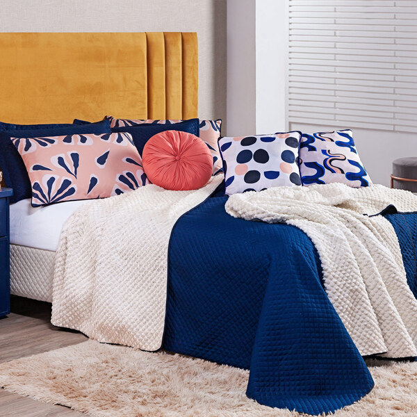 Kit Cobertor Bellagio Azul Marinho C/ Sherpa Queen 08 Peças -