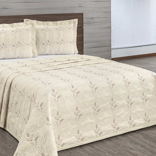 Kit Cobre leito 150 Fios Bordado Queen Juliana 03 Peças - Cre