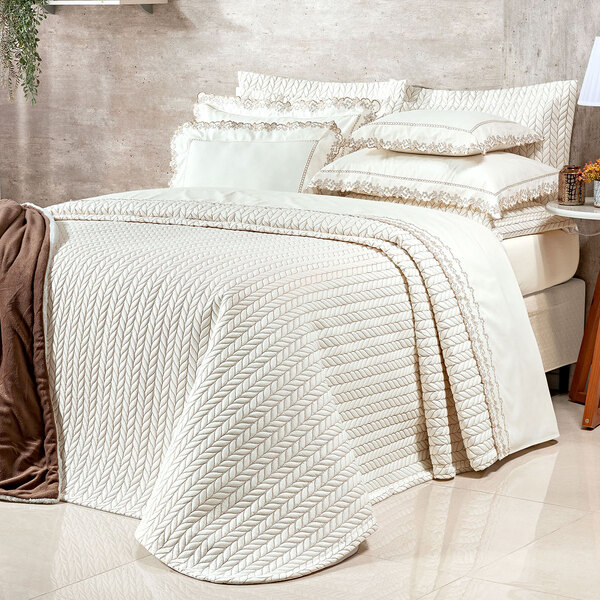 Kit Cobre Leito 200 Fios 100% Algodão Queen Size Palha 3 Peça